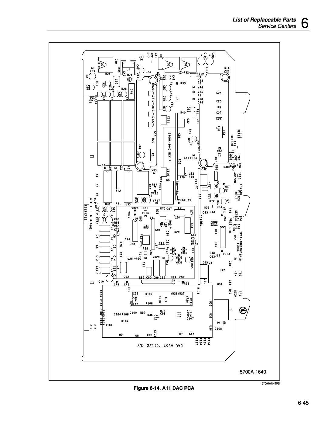 Fluke 5720A service manual List of Replaceable Parts, Service Centers, 5700A-1640, 14. A11 DAC PCA, 57001640.EPS 