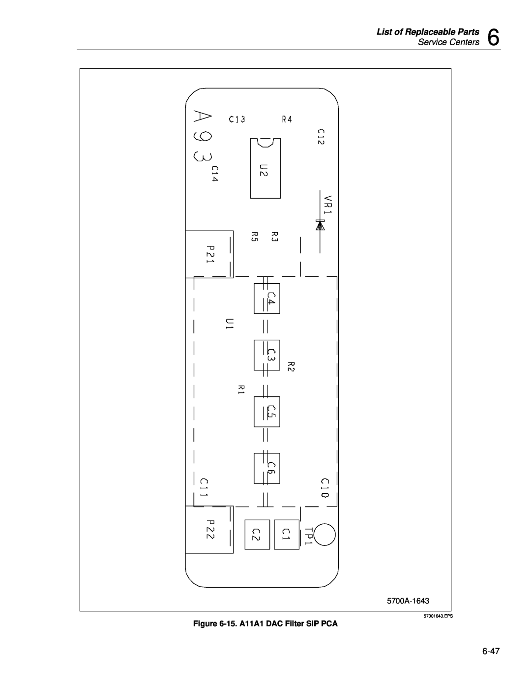 Fluke 5720A service manual List of Replaceable Parts, Service Centers, 5700A-1643, 15. A11A1 DAC Filter SIP PCA 