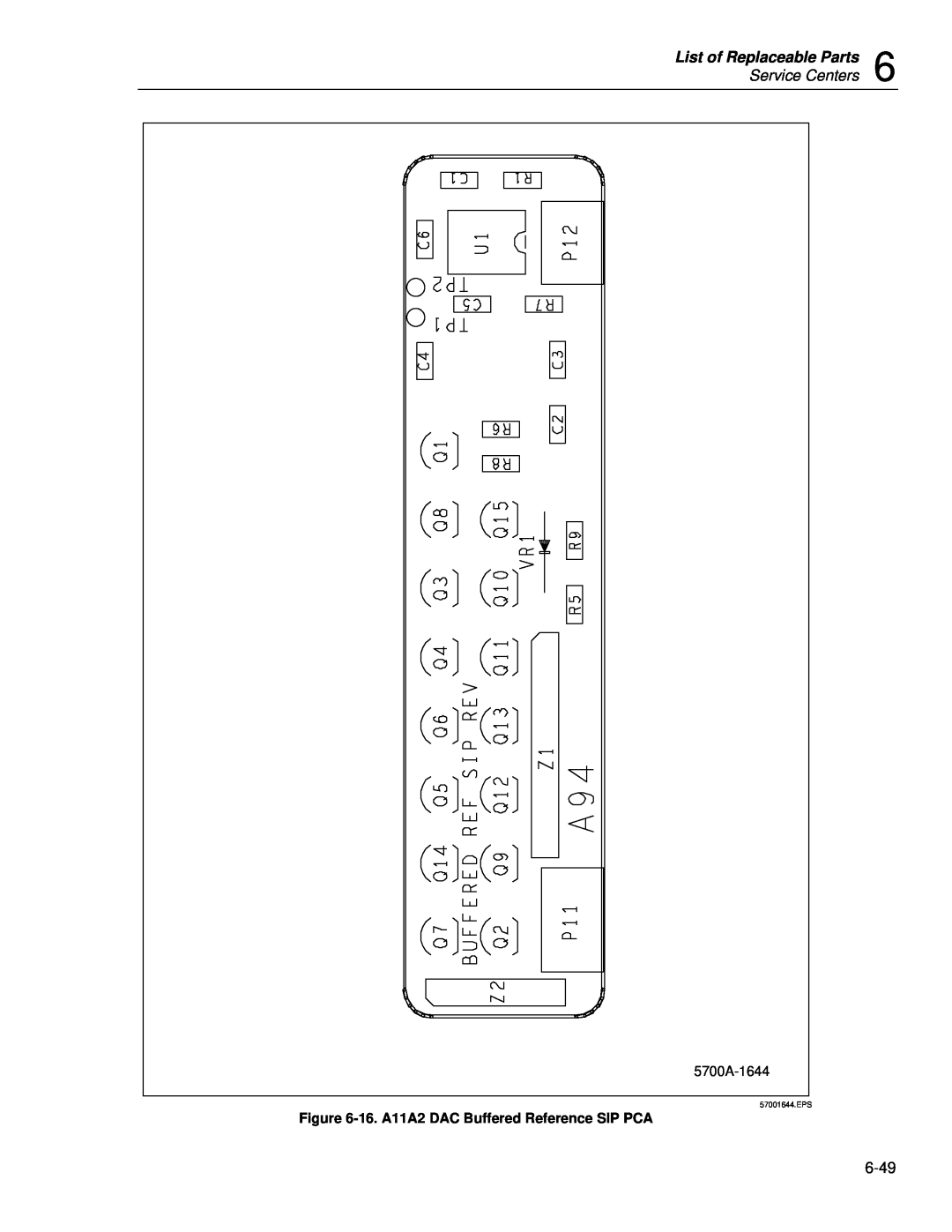 Fluke 5720A service manual List of Replaceable Parts, Service Centers, 5700A-1644, 16. A11A2 DAC Buffered Reference SIP PCA 