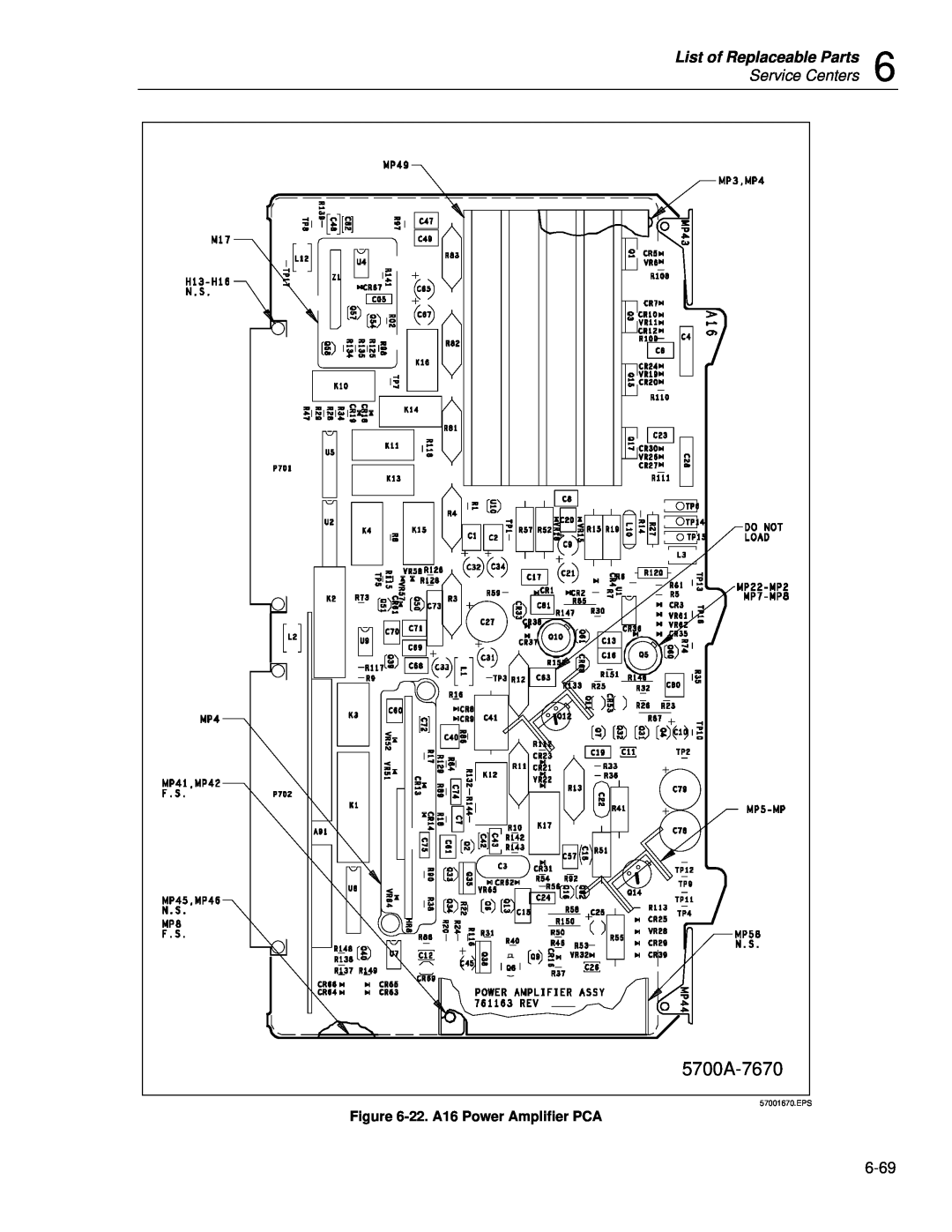 Fluke 5720A 5700A-7670, List of Replaceable Parts, Service Centers, 22. A16 Power Amplifier PCA, 57001670.EPS 