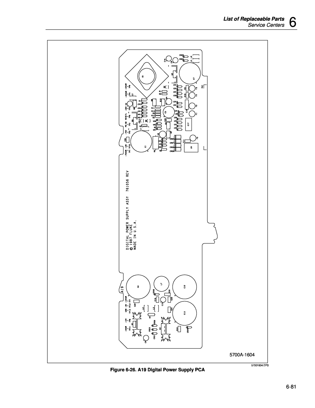 Fluke 5720A List of Replaceable Parts, Service Centers, 5700A-1604, 26. A19 Digital Power Supply PCA, 57001604.EPS 