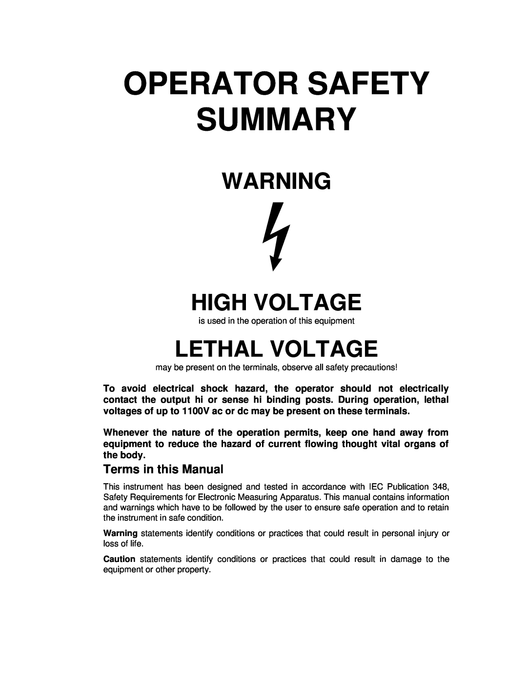 Fluke 5720A service manual Operator Safety Summary, High Voltage, Lethal Voltage, Terms in this Manual 