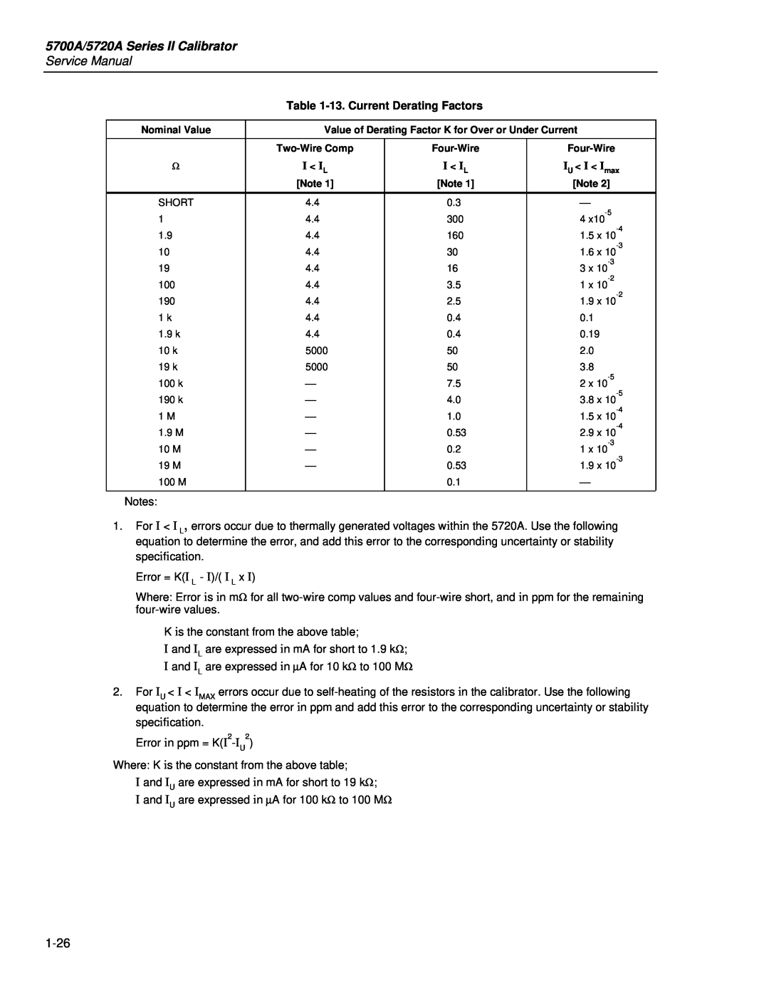 Fluke service manual 5700A/5720A Series II Calibrator, Service Manual, 13. Current Derating Factors, I Il 