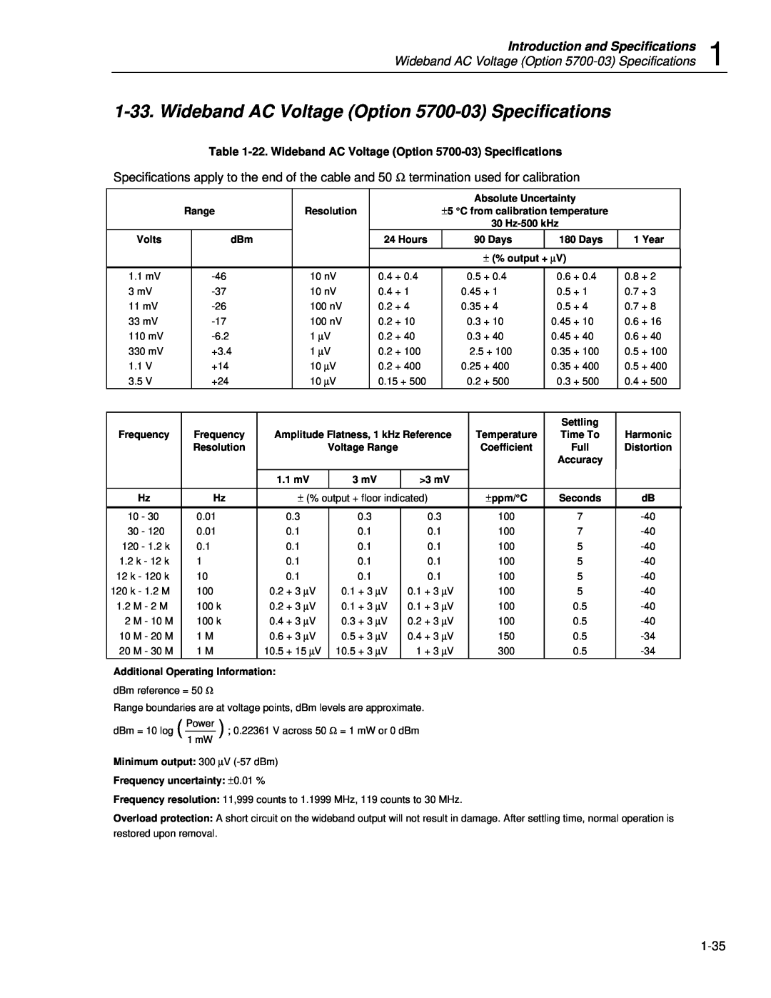 Fluke 5720A service manual Wideband AC Voltage Option 5700-03 Specifications, Introduction and Specifications, 1-35 