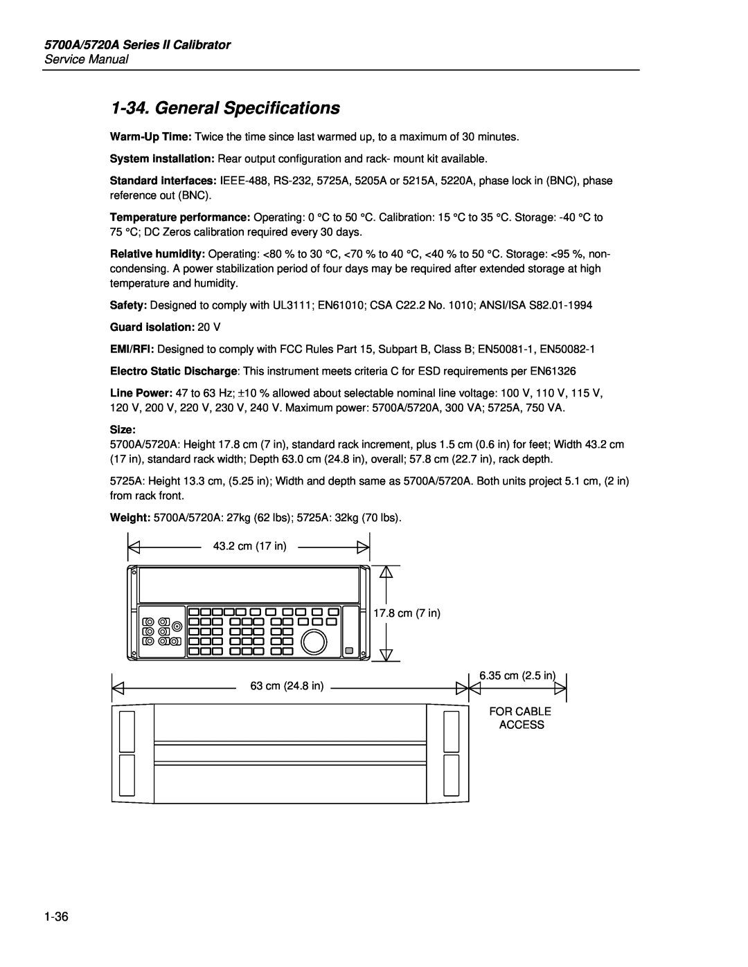 Fluke service manual General Specifications, 5700A/5720A Series II Calibrator, Service Manual, Guard isolation 20, Size 