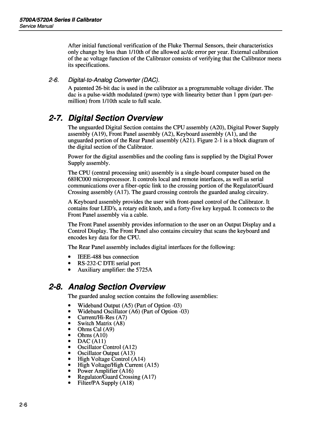Fluke 5720A service manual Digital Section Overview, Analog Section Overview, Digital-to-Analog Converter DAC 