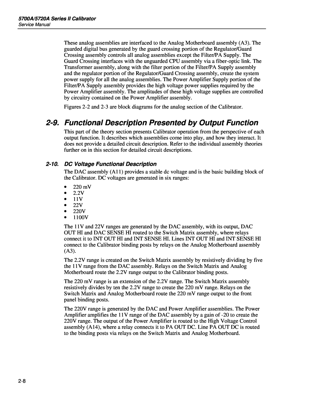 Fluke 5720A service manual Functional Description Presented by Output Function, DC Voltage Functional Description 