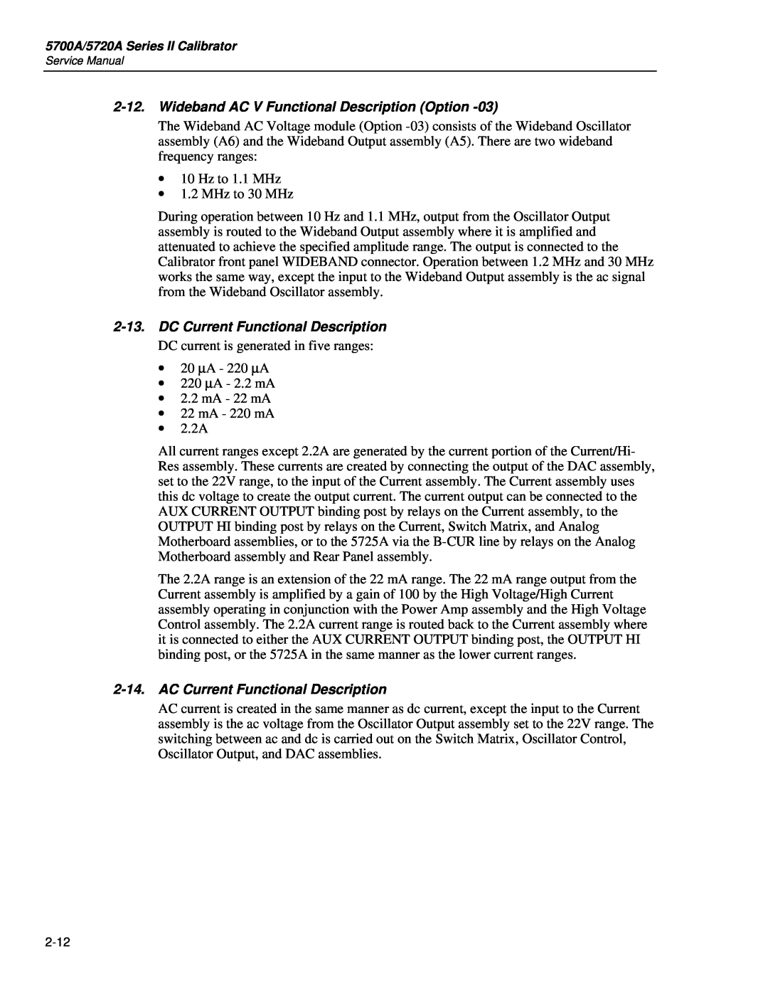 Fluke 5720A service manual Wideband AC V Functional Description Option, DC Current Functional Description 