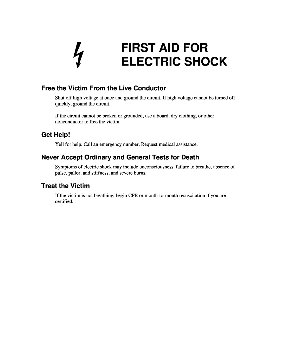 Fluke 5720A First Aid For Electric Shock, Free the Victim From the Live Conductor, Get Help, Treat the Victim 