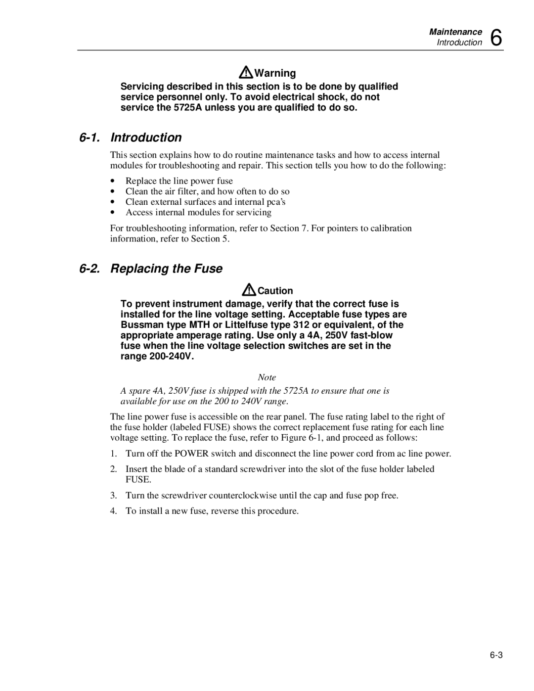 Fluke 5725A instruction manual Introduction, Replacing the Fuse 