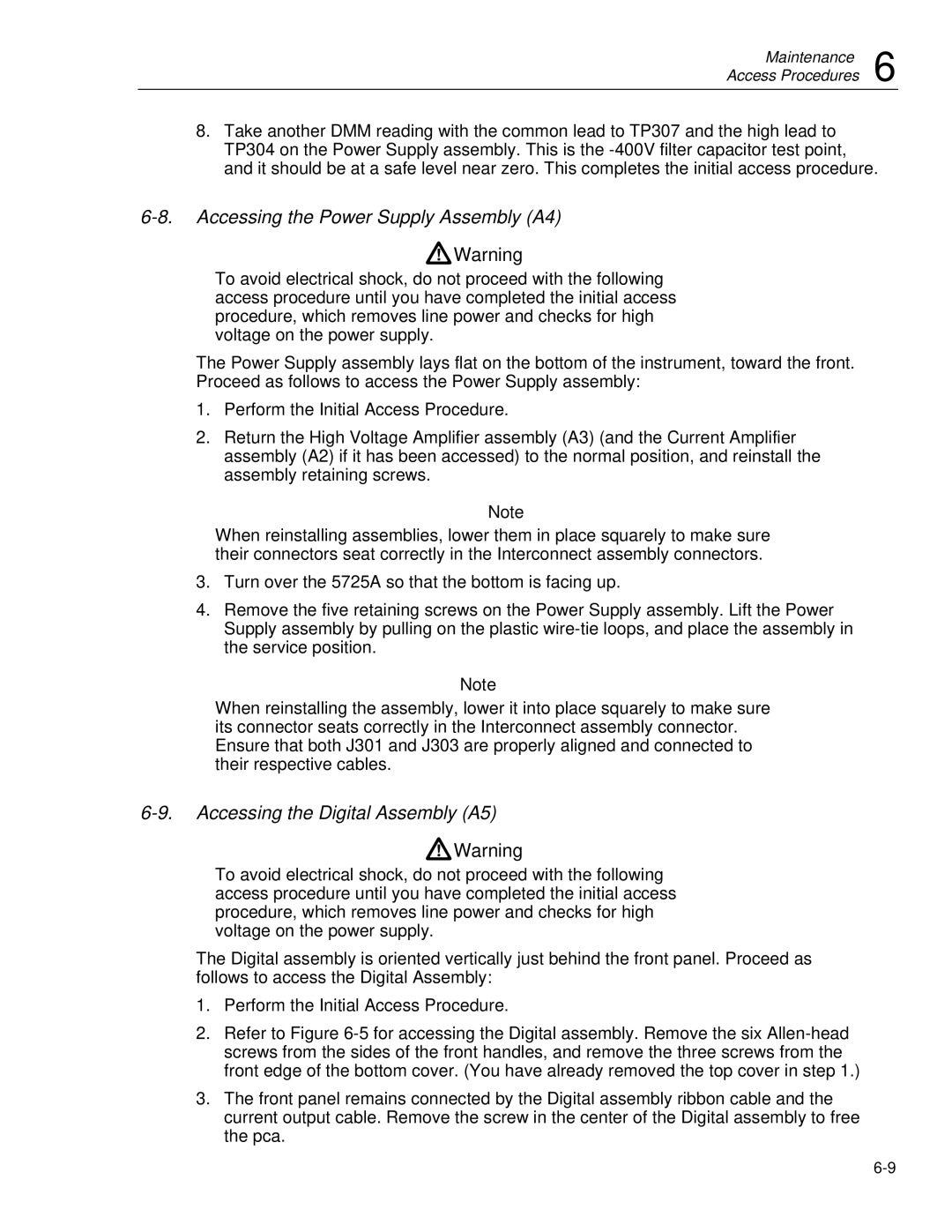 Fluke 5725A instruction manual Accessing the Power Supply Assembly A4, Accessing the Digital Assembly A5 