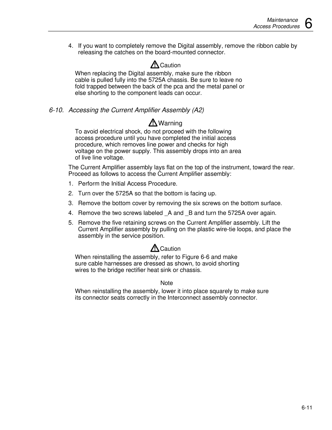 Fluke 5725A instruction manual Accessing the Current Amplifier Assembly A2 