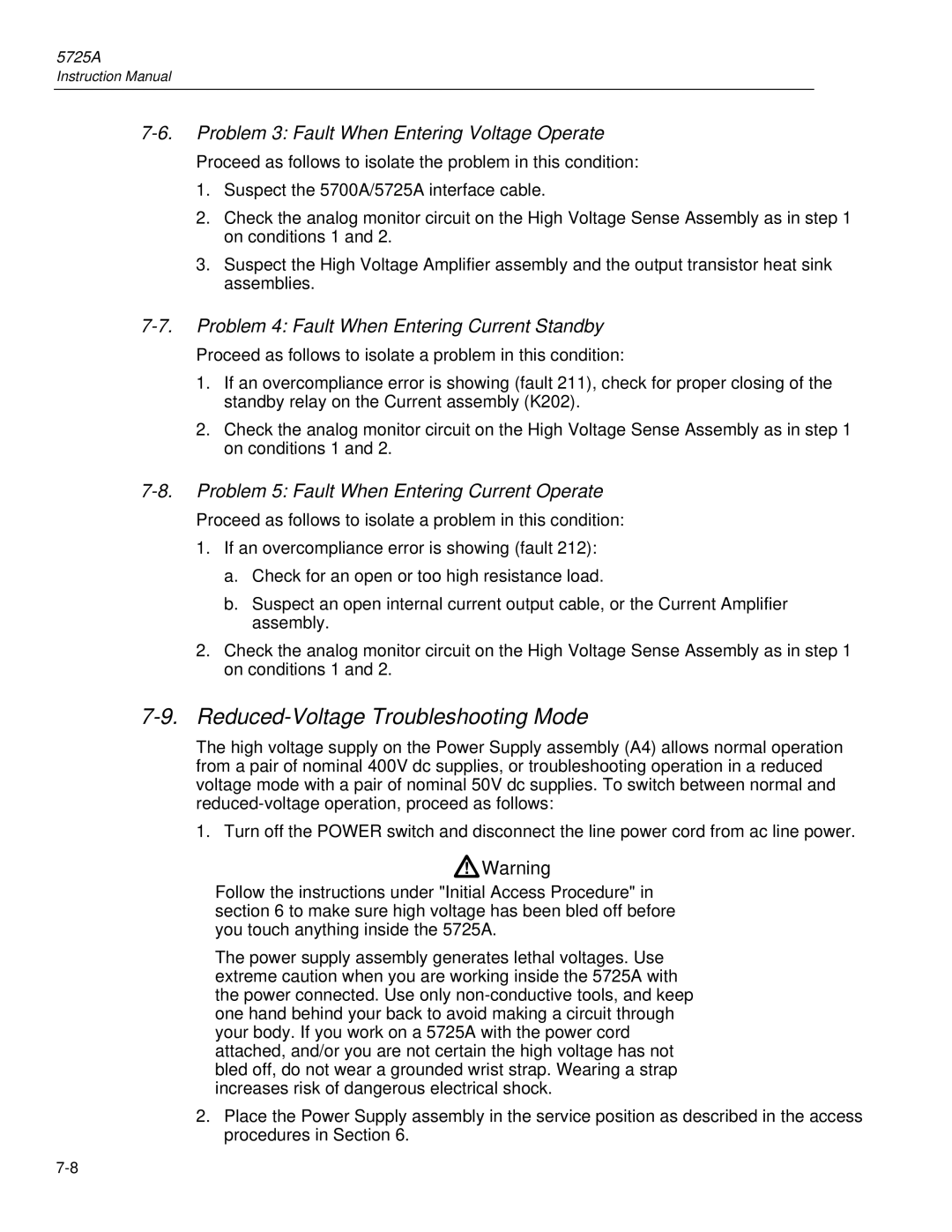 Fluke 5725A instruction manual Reduced-Voltage Troubleshooting Mode, Problem 3 Fault When Entering Voltage Operate 