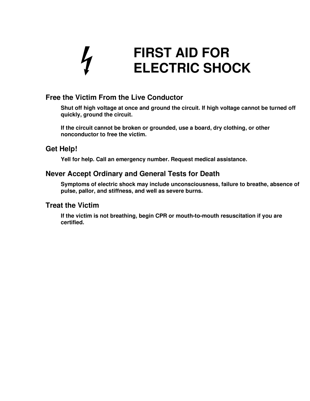 Fluke 5725A instruction manual First AID for Electric Shock 