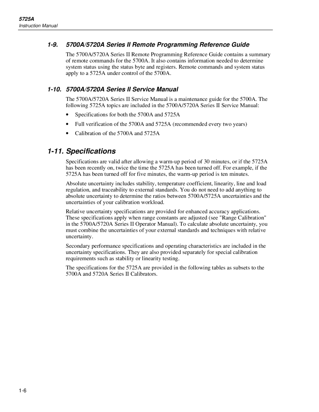 Fluke 5725A instruction manual Specifications, A/5720A Series II Remote Programming Reference Guide 