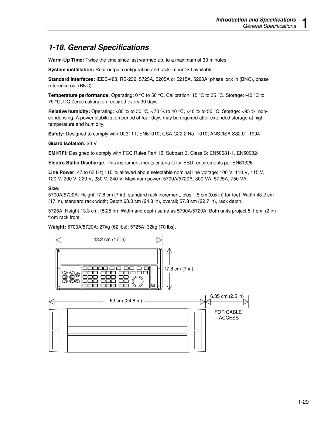 Fluke 5725A instruction manual General Specifications, Guard isolation 20, Size 