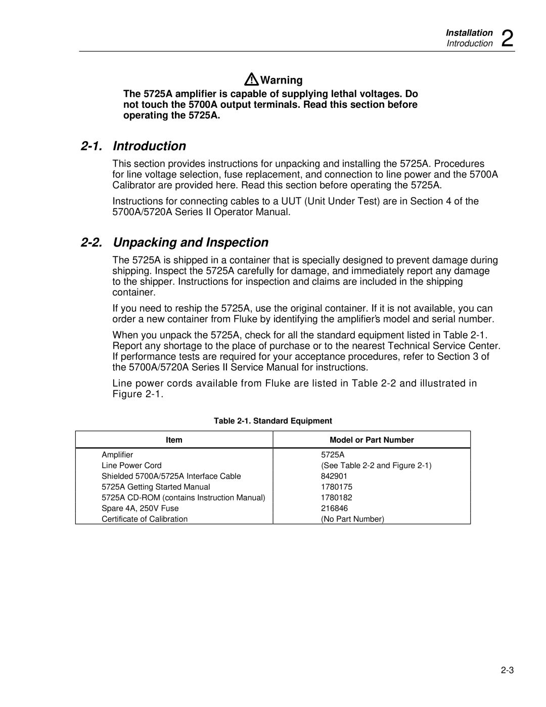 Fluke 5725A instruction manual Unpacking and Inspection, Standard Equipment, Model or Part Number 