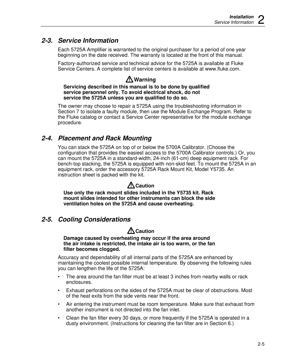 Fluke 5725A instruction manual Service Information, Placement and Rack Mounting, Cooling Considerations 