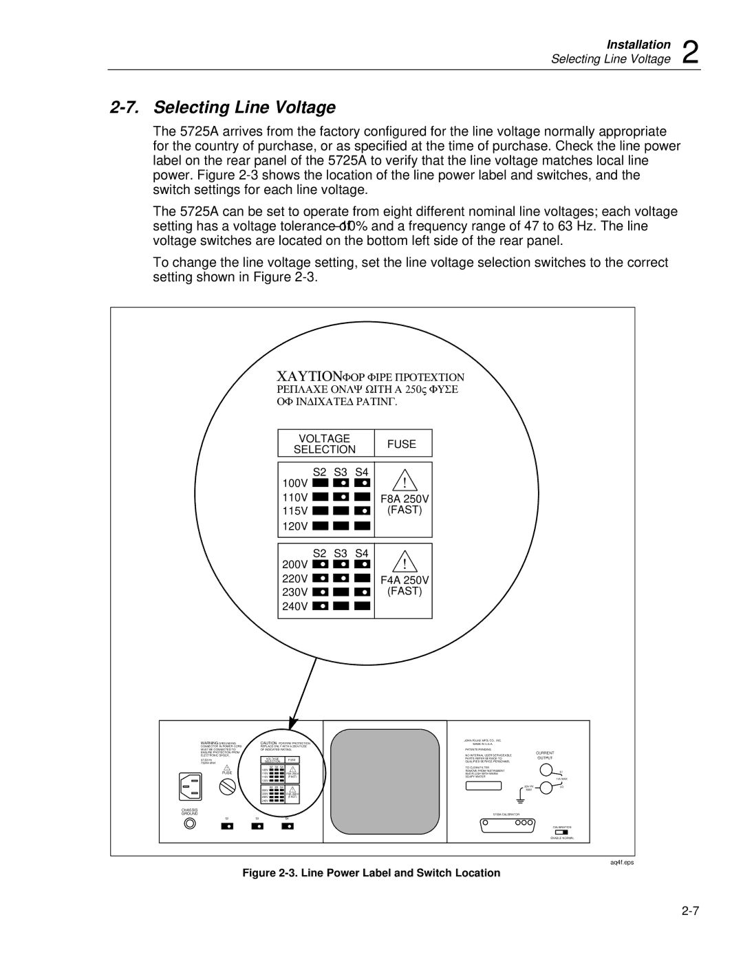 Fluke 5725A instruction manual Selecting Line Voltage, 100V 110V F8A 115V, 120V S2 S3 S4 200V 220V 230V F4A 