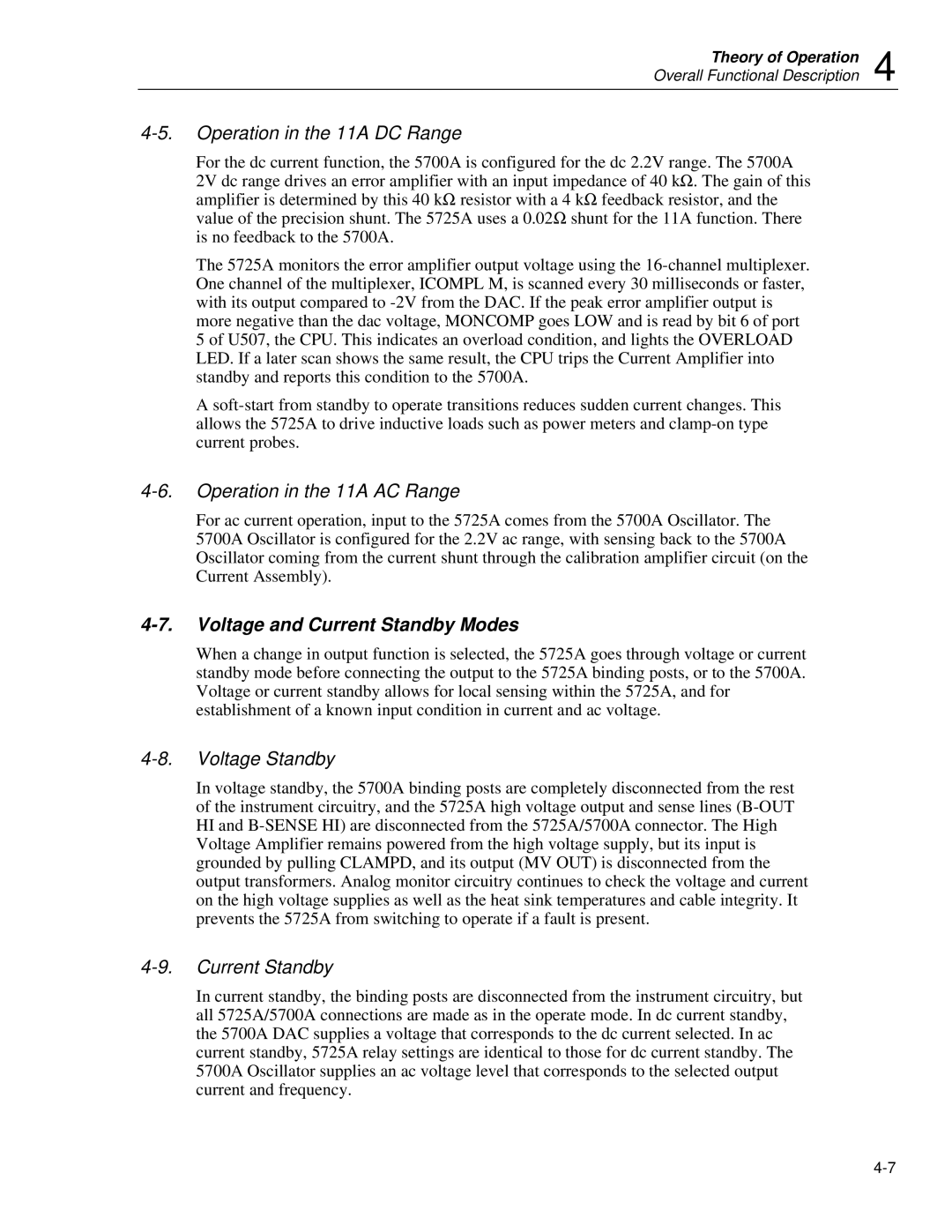 Fluke 5725A Operation in the 11A DC Range, Operation in the 11A AC Range, Voltage and Current Standby Modes 