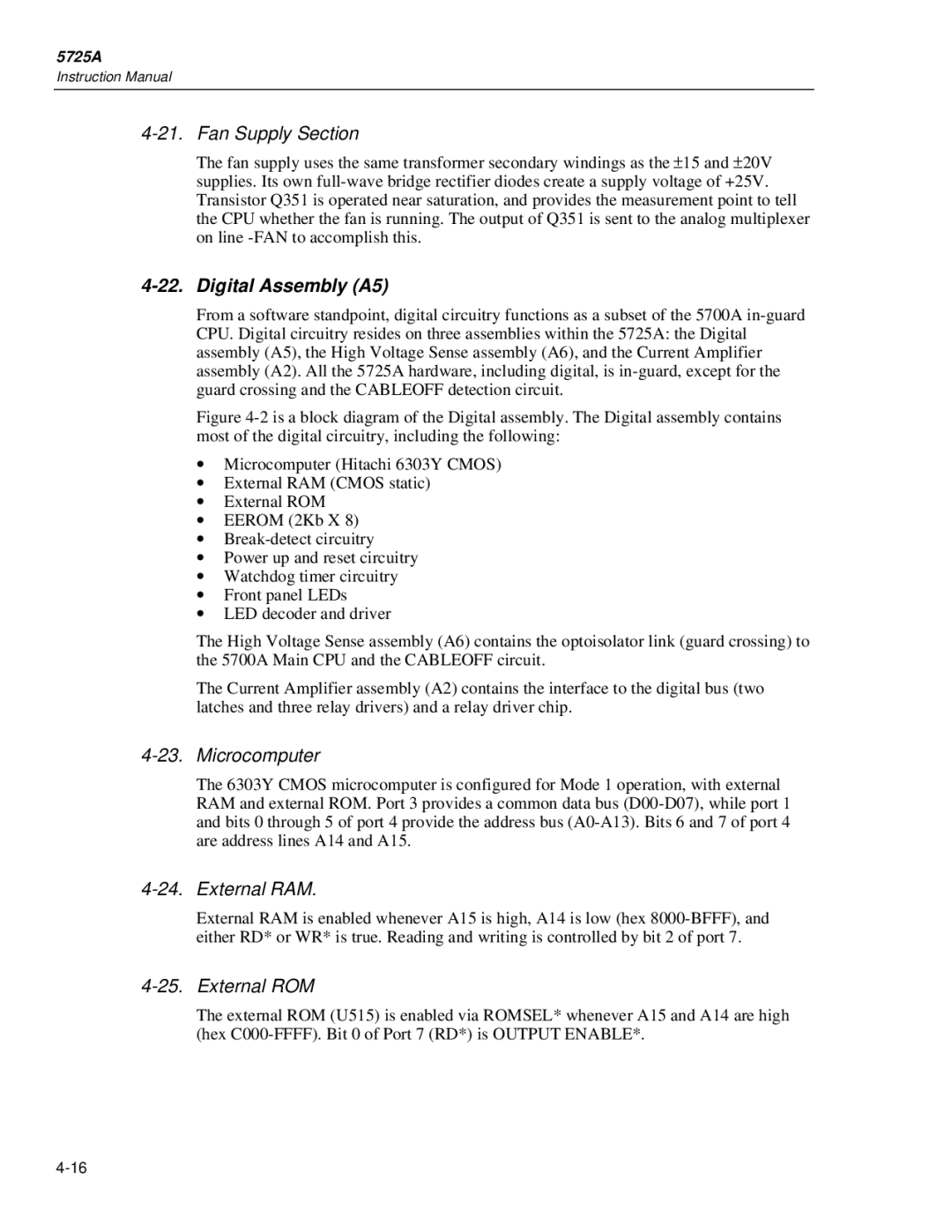 Fluke 5725A instruction manual Fan Supply Section, Digital Assembly A5, Microcomputer, External RAM, External ROM 