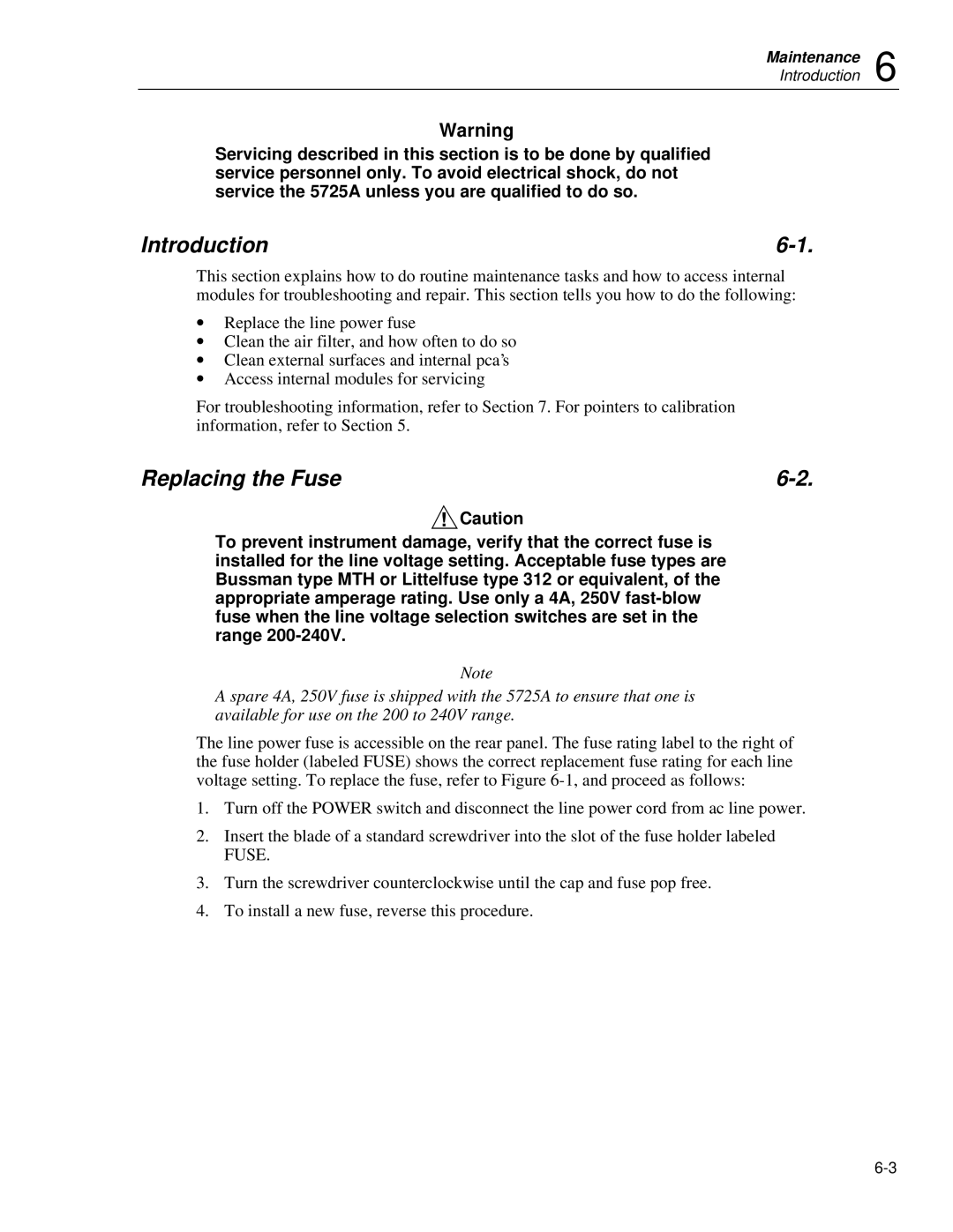 Fluke 5725A instruction manual Introduction, Replacing the Fuse 