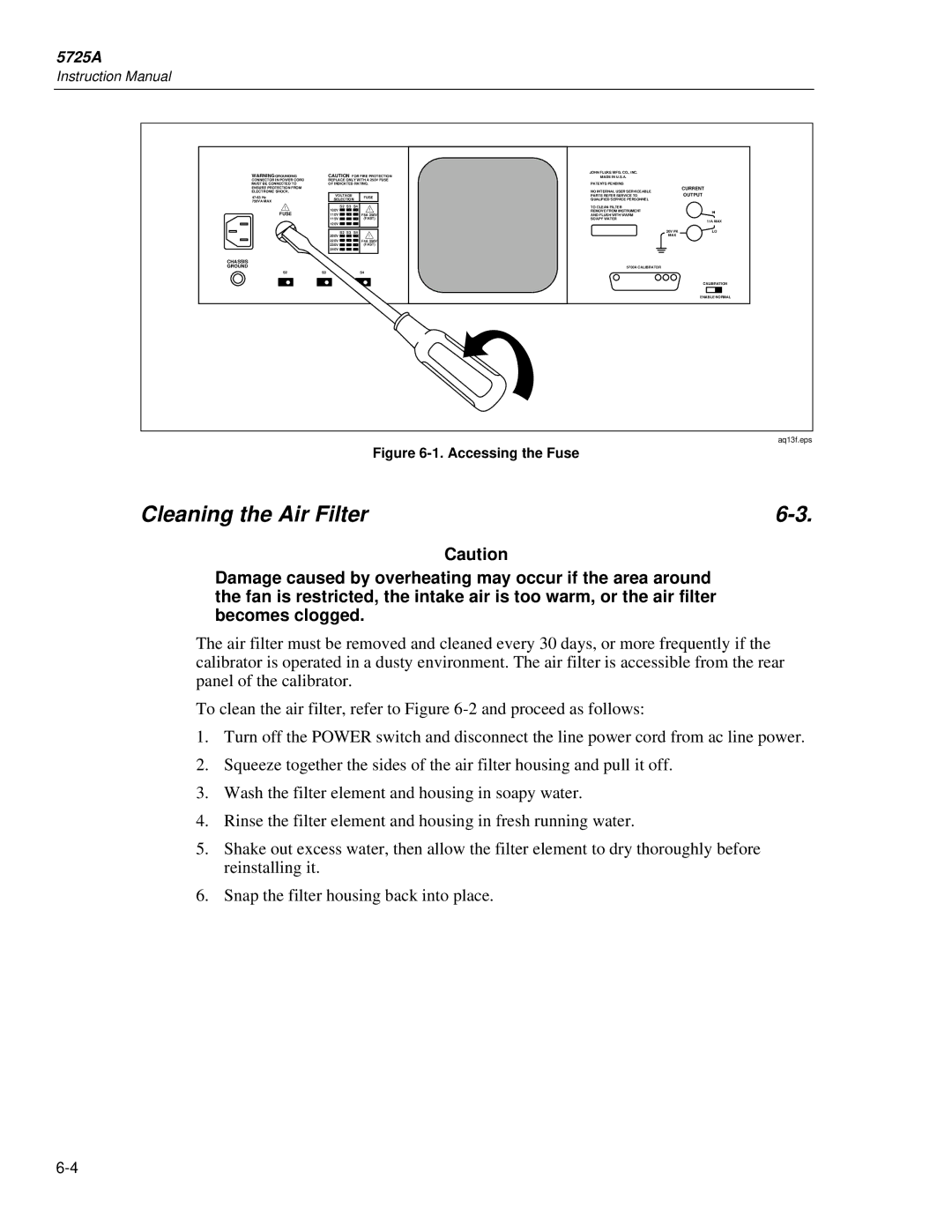 Fluke 5725A instruction manual Cleaning the Air Filter 