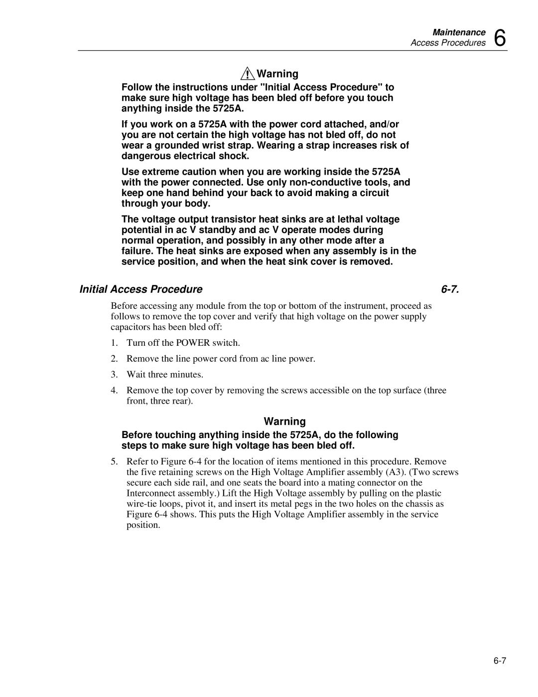 Fluke 5725A instruction manual WWarning, Initial Access Procedure 