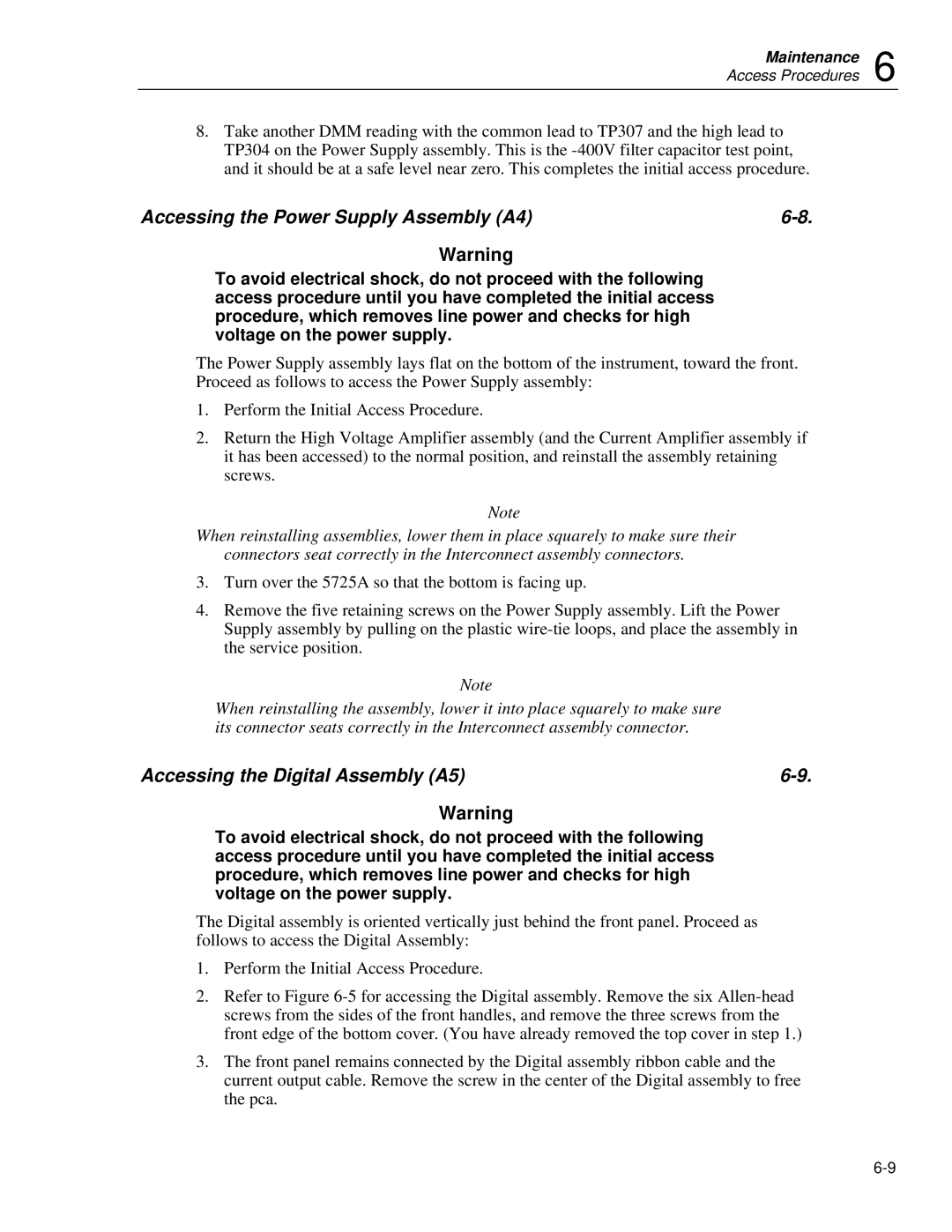 Fluke 5725A instruction manual Accessing the Power Supply Assembly A4, Accessing the Digital Assembly A5 