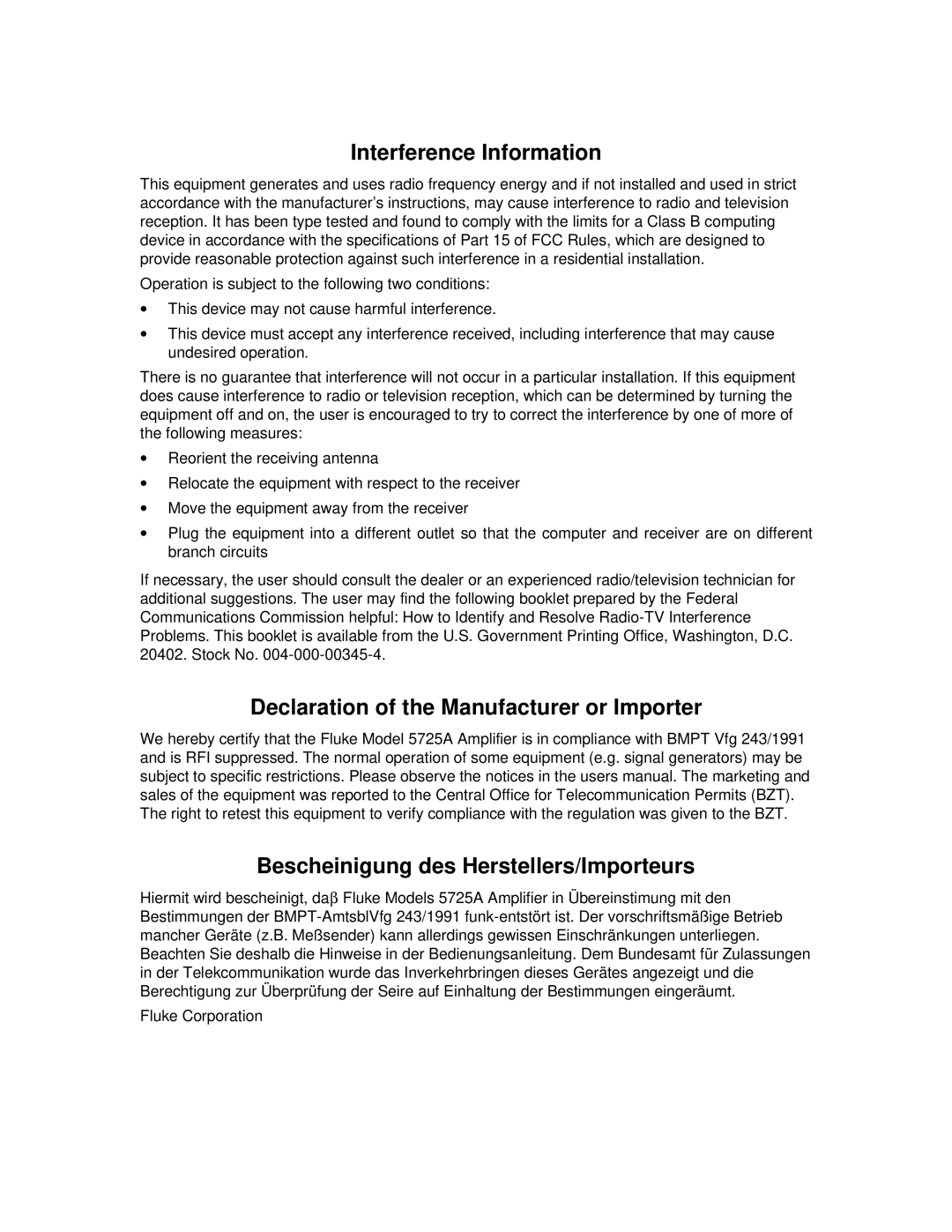 Fluke 5725A instruction manual Interference Information 