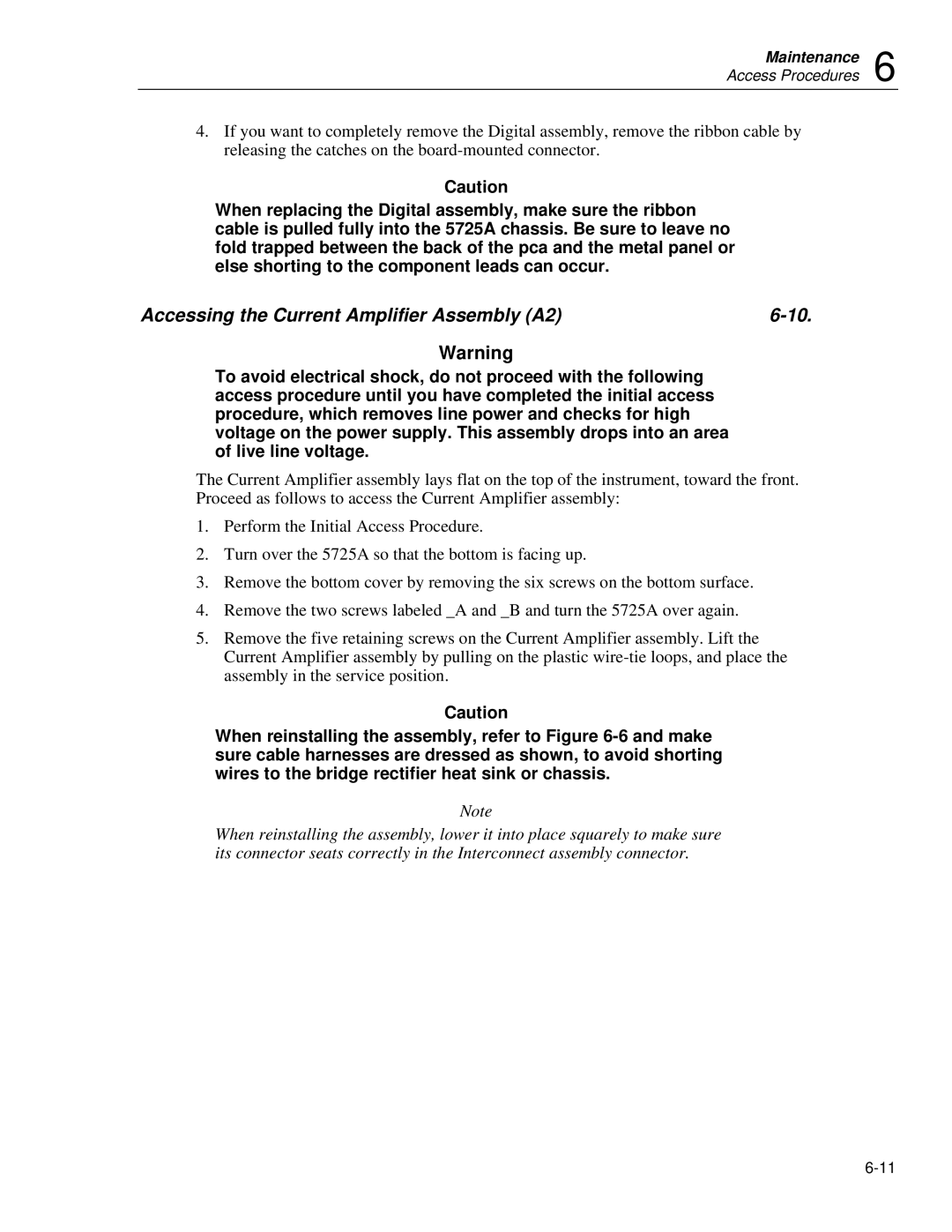 Fluke 5725A instruction manual Accessing the Current Amplifier Assembly A2 