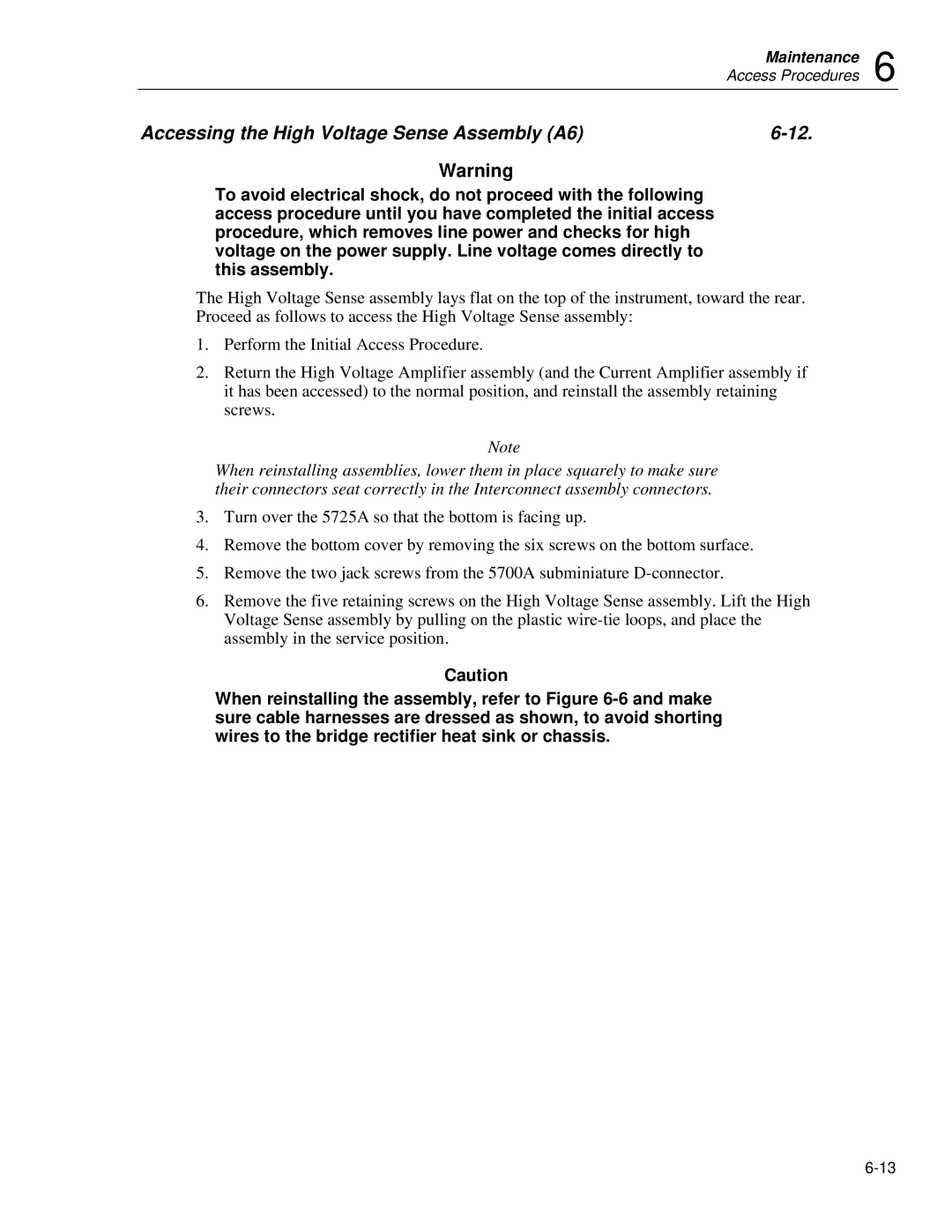 Fluke 5725A instruction manual Accessing the High Voltage Sense Assembly A6 