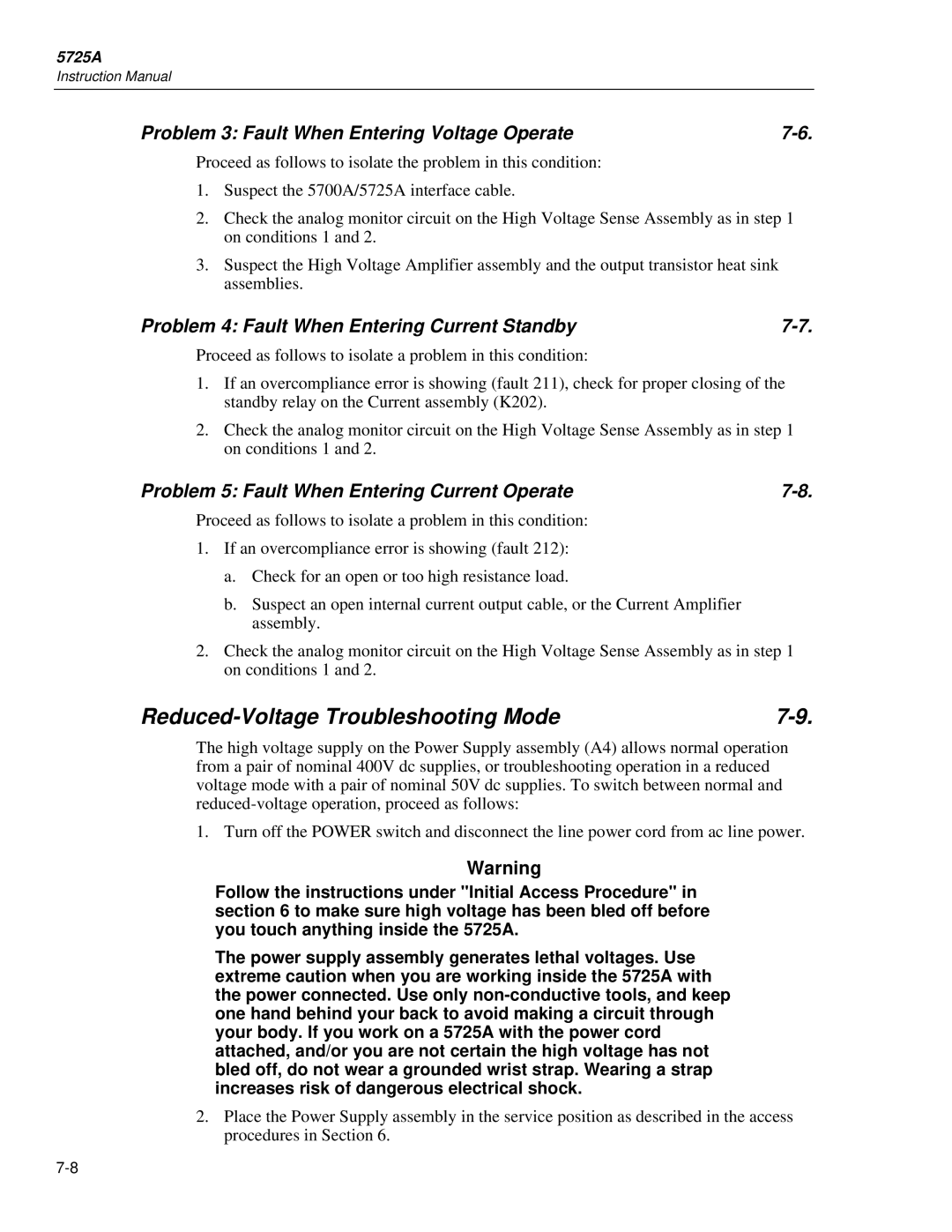 Fluke 5725A instruction manual Reduced-Voltage Troubleshooting Mode, Problem 3 Fault When Entering Voltage Operate 