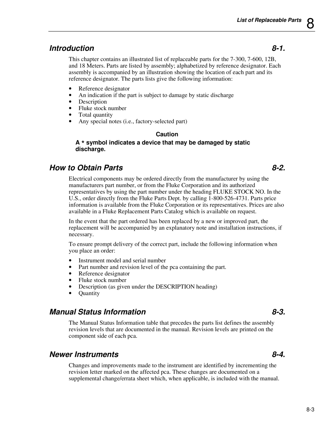 Fluke 5725A instruction manual How to Obtain Parts, Manual Status Information, Newer Instruments 