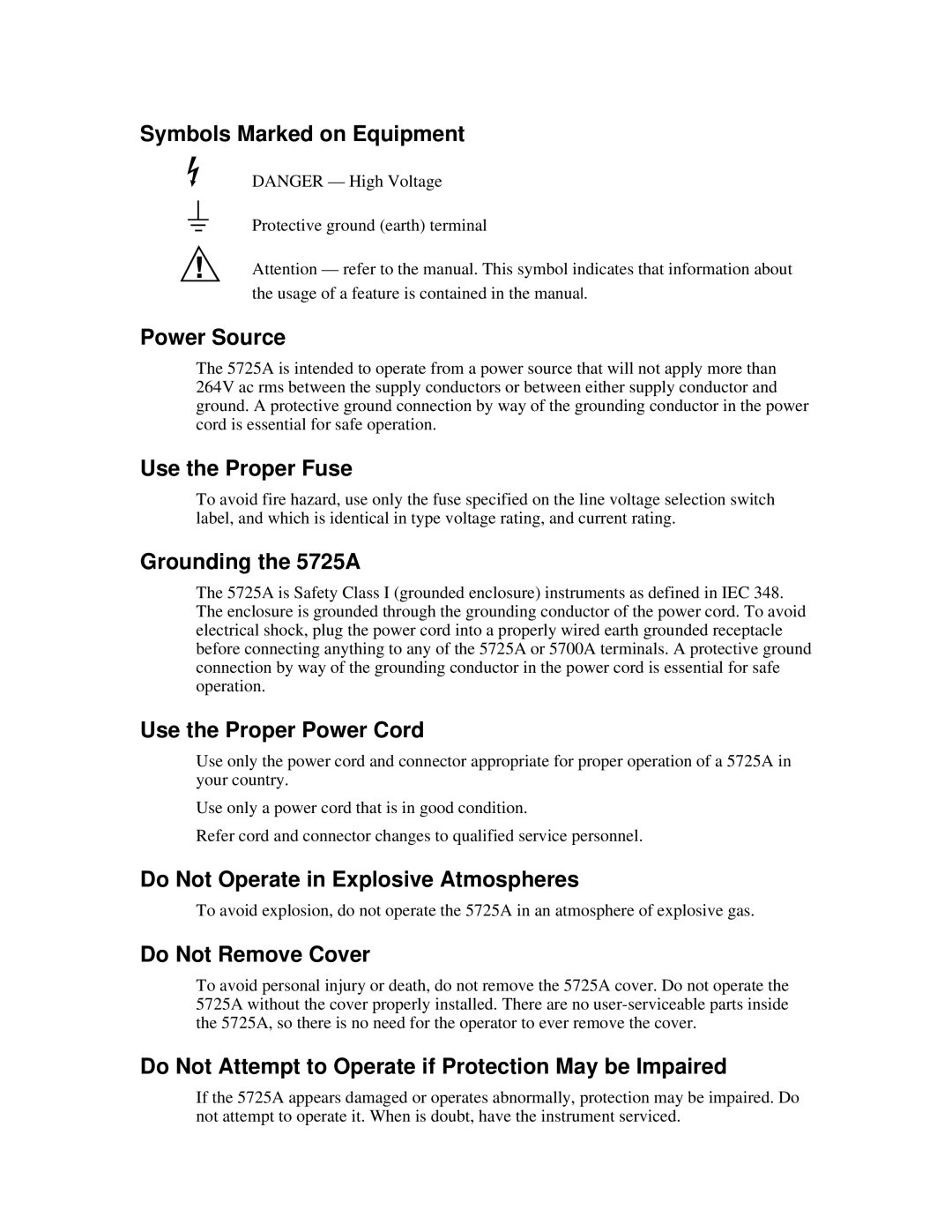 Fluke 5725A instruction manual Symbols Marked on Equipment 