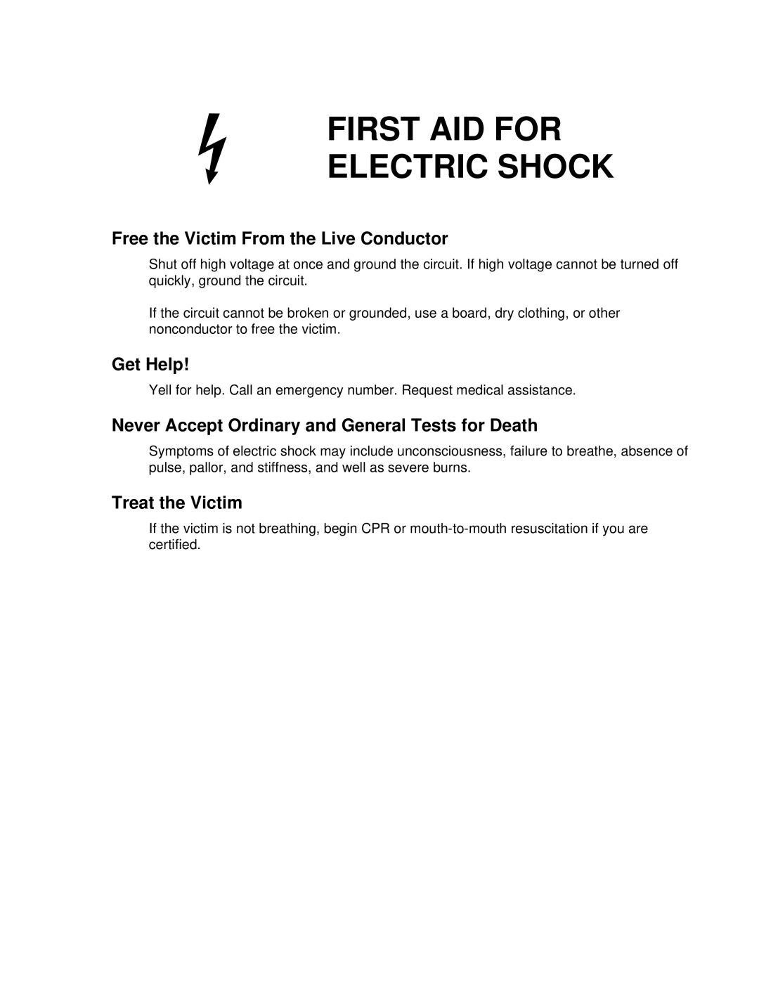 Fluke 5725A instruction manual First AID for Electric Shock 