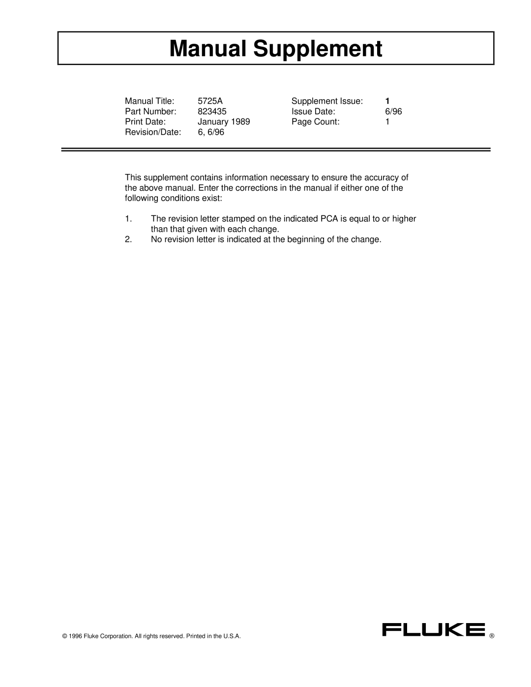 Fluke 5725A instruction manual Manual Supplement 