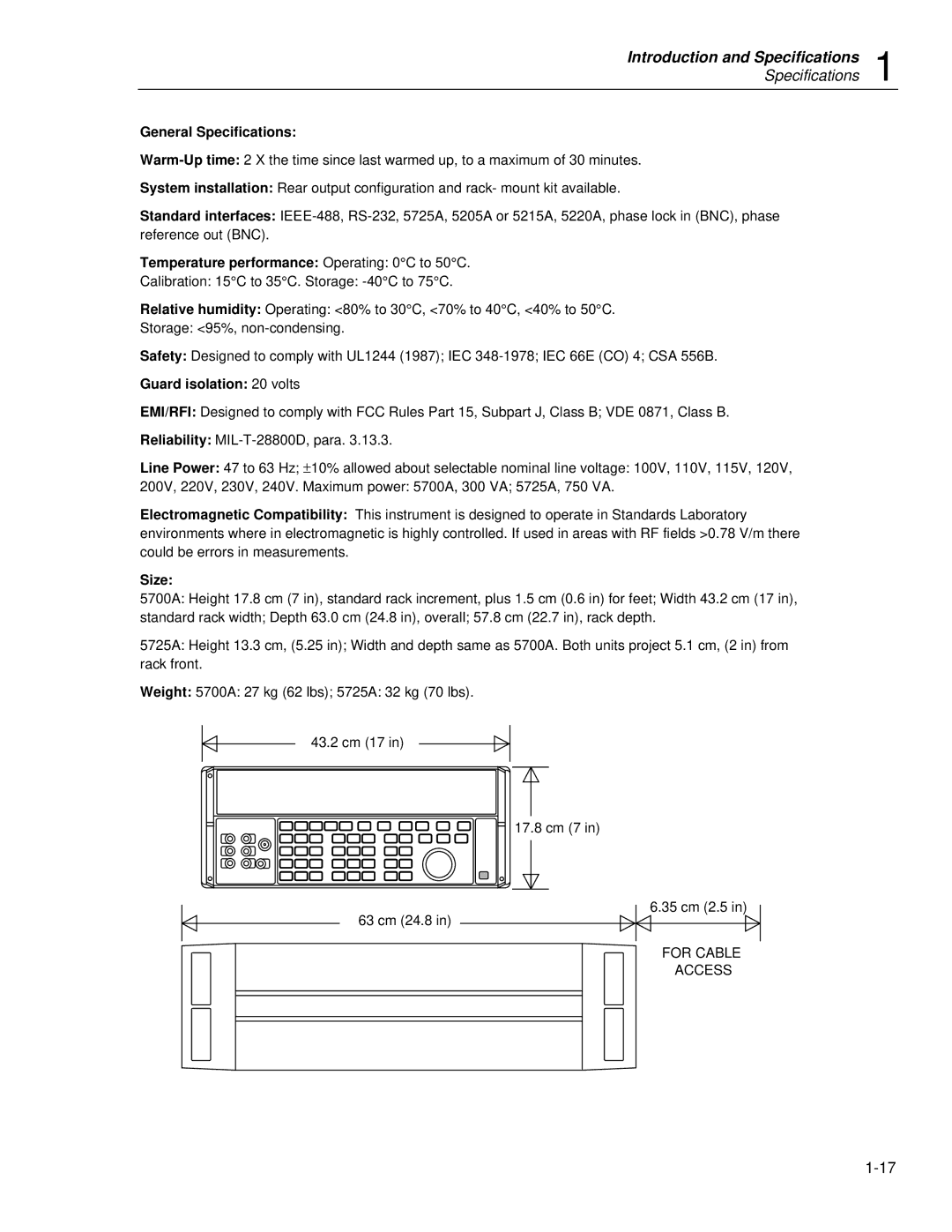 Fluke 5725A General Specifications, Temperature performance Operating 0C to 50C, Guard isolation 20 volts, Size 