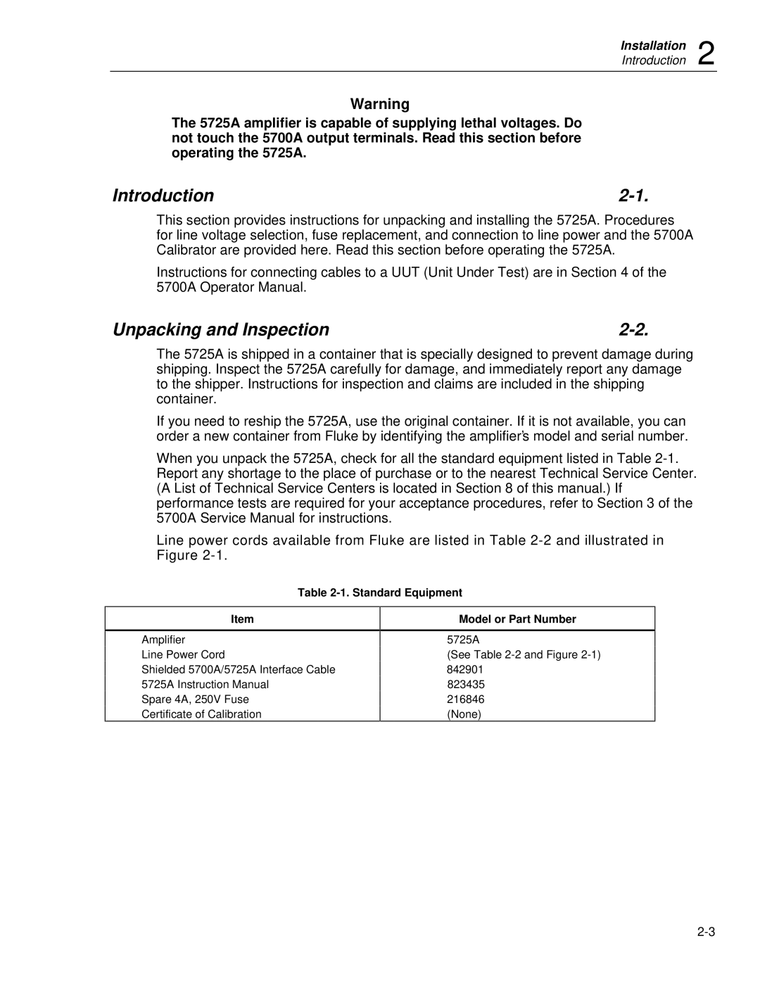 Fluke 5725A instruction manual Unpacking and Inspection, Standard Equipment, Model or Part Number 