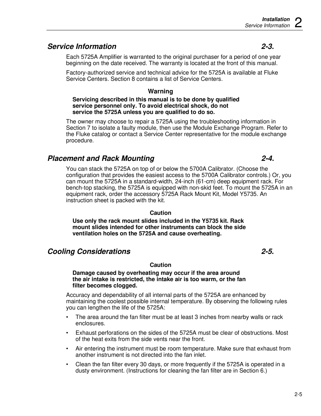 Fluke 5725A instruction manual Service Information, Placement and Rack Mounting, Cooling Considerations 