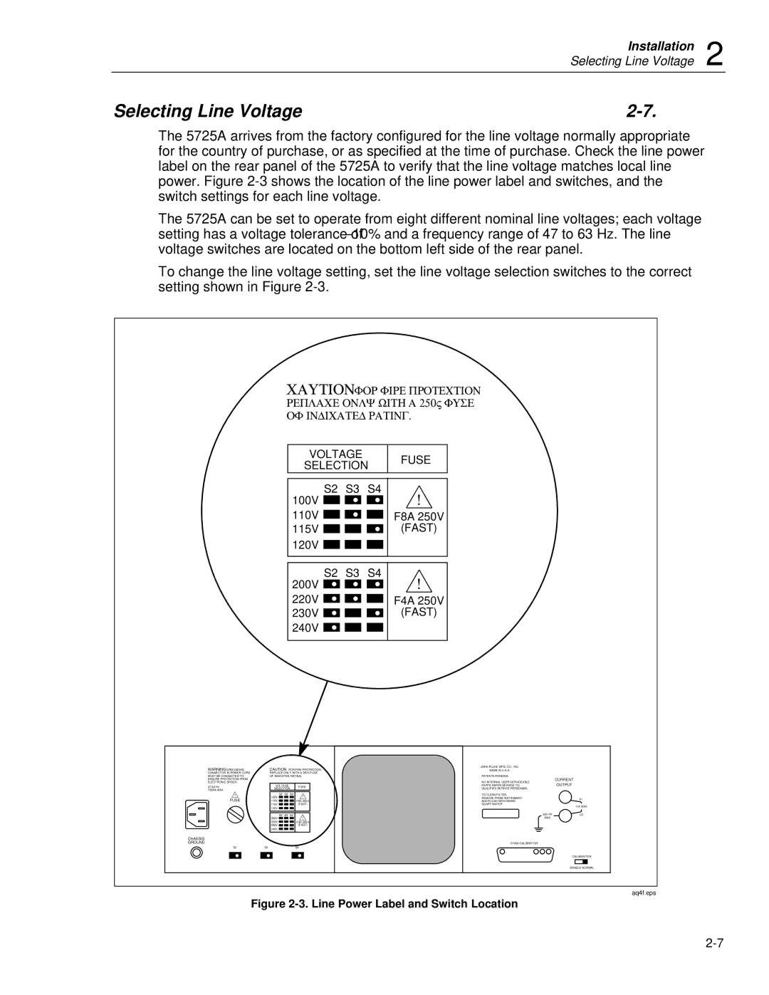 Fluke 5725A instruction manual Selecting Line Voltage, 100V 110V F8A 115V, 120V S2 S3 S4 200V 220V 230V F4A 