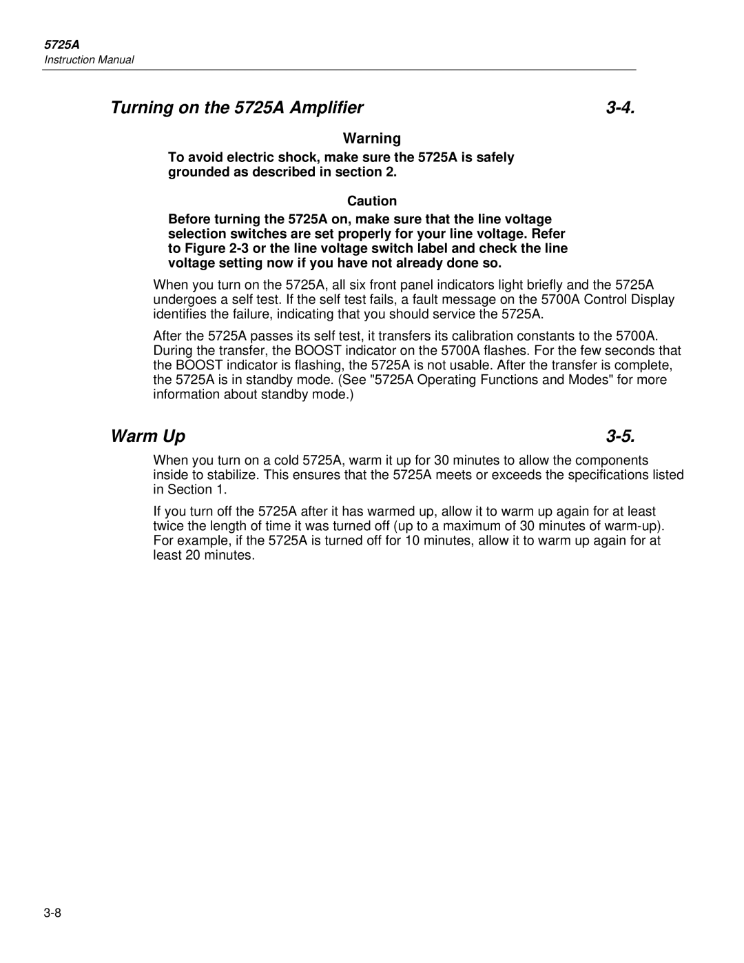 Fluke instruction manual Turning on the 5725A Amplifier, Warm Up 