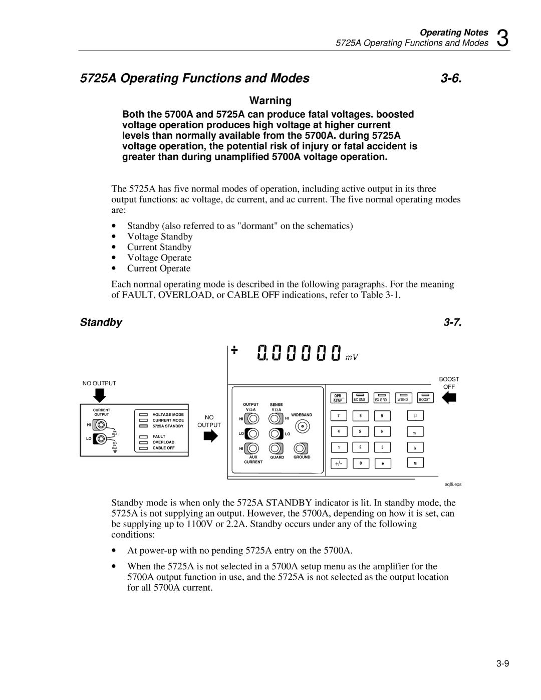 Fluke instruction manual 5725A Operating Functions and Modes, Standby 