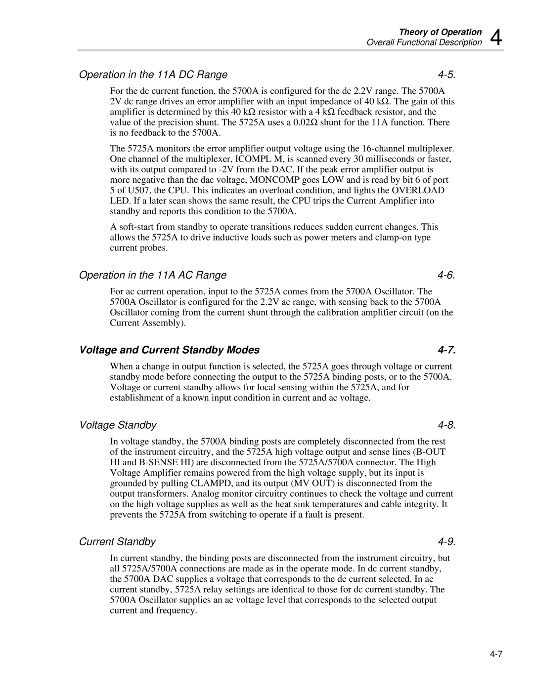 Fluke 5725A Operation in the 11A DC Range, Operation in the 11A AC Range, Voltage and Current Standby Modes 
