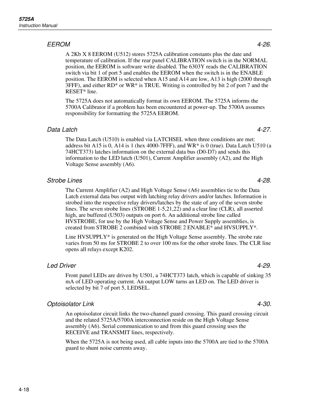 Fluke 5725A instruction manual Data Latch, Strobe Lines, Led Driver, Optoisolator Link 