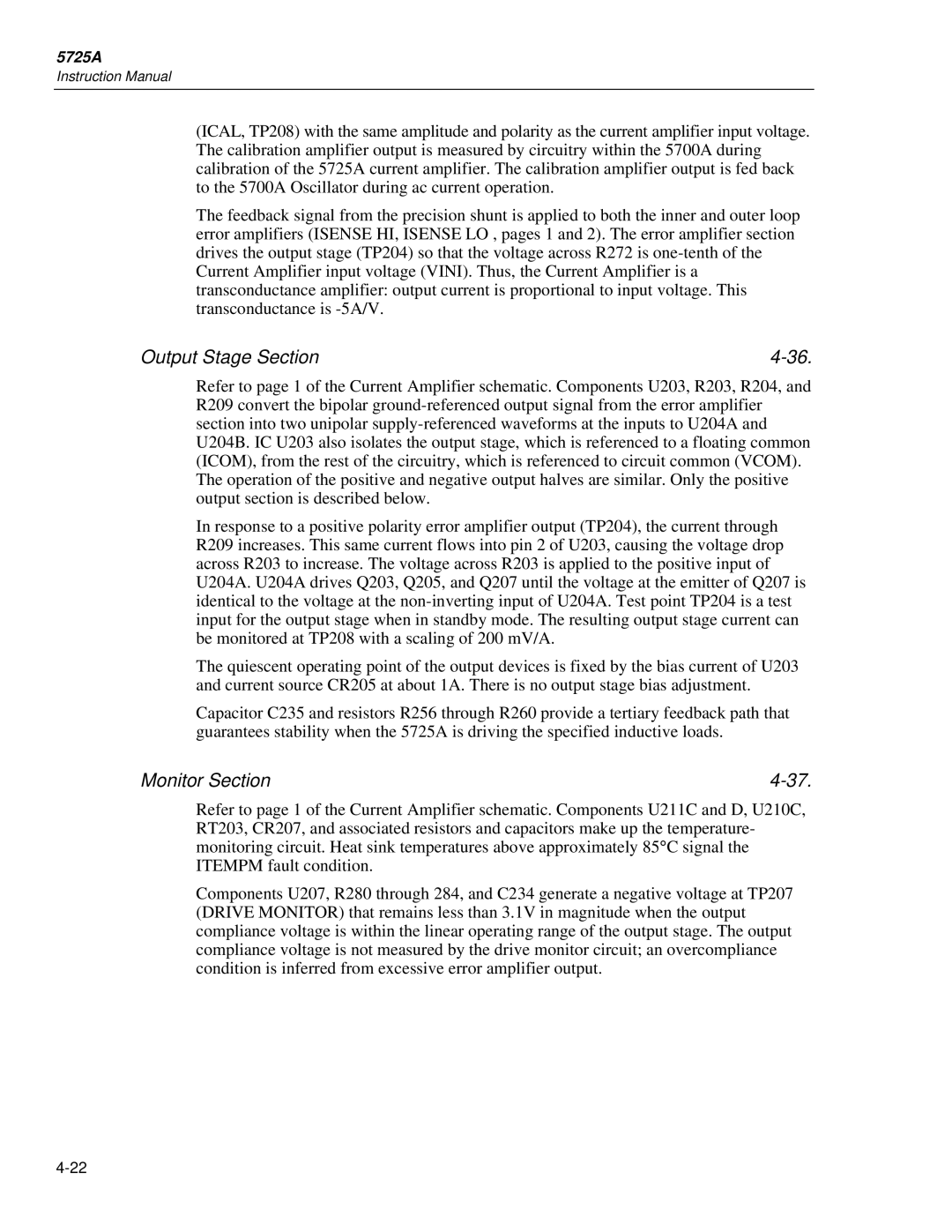 Fluke 5725A instruction manual Output Stage Section, Monitor Section 