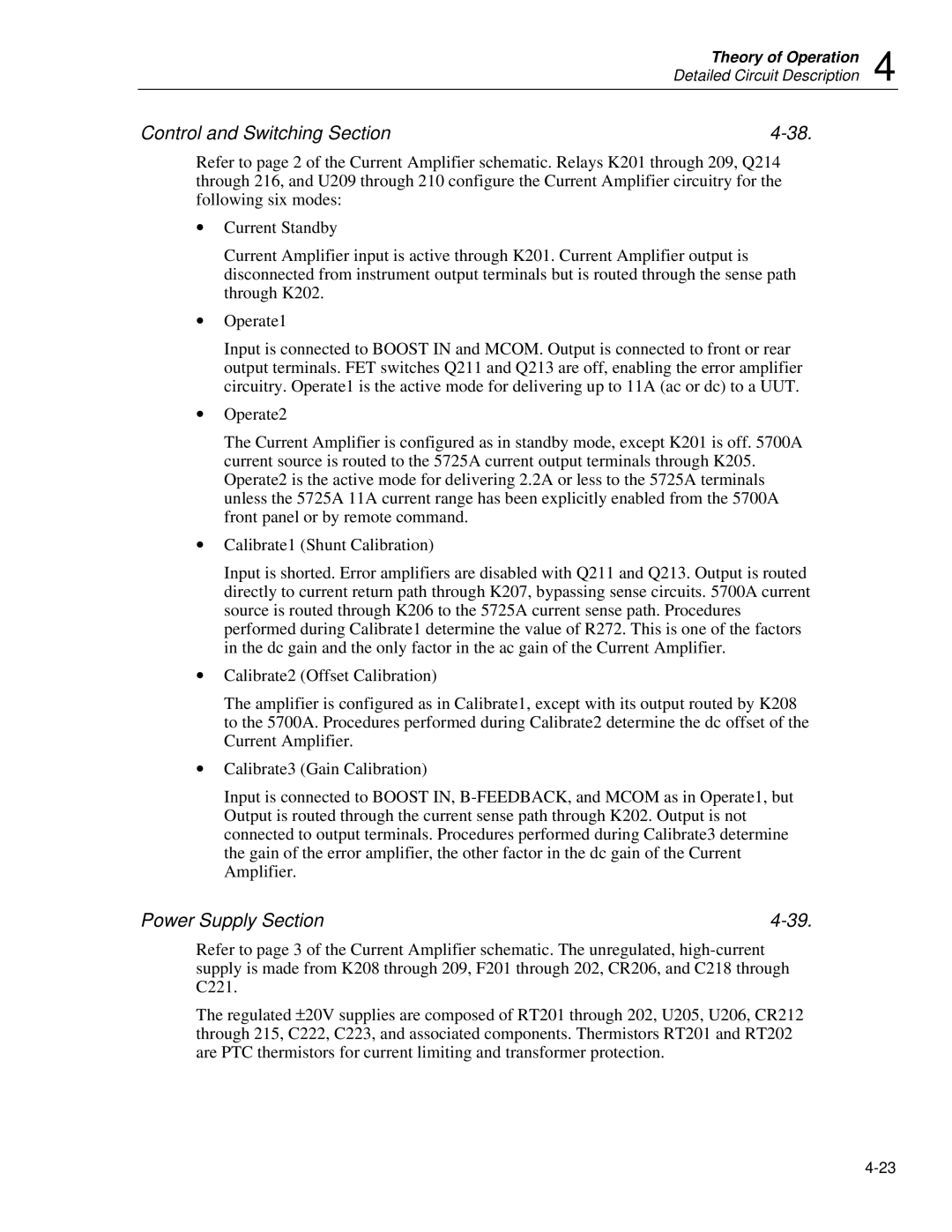 Fluke 5725A instruction manual Control and Switching Section, Power Supply Section 