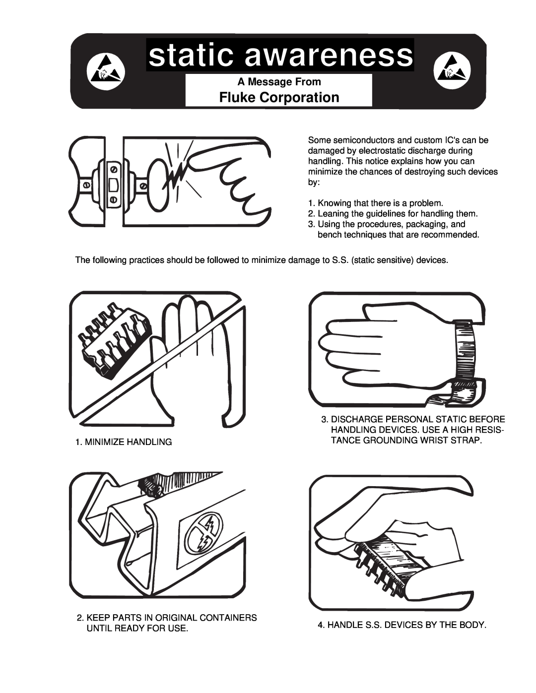 Fluke 5725A instruction manual static awareness, Fluke Corporation, A Message From 