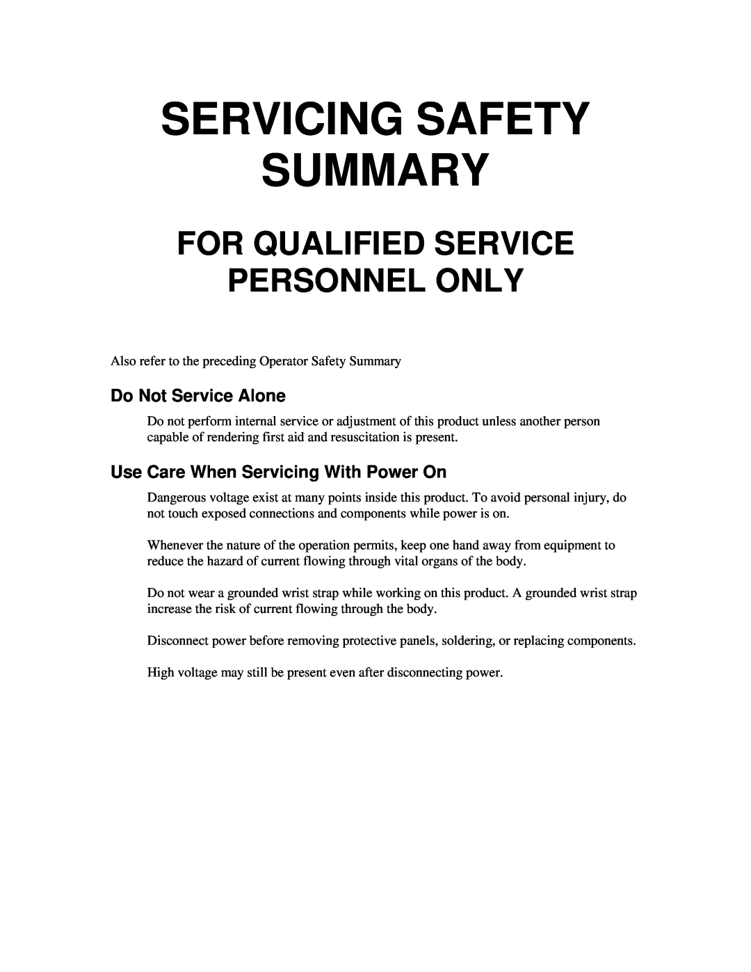 Fluke 5725A instruction manual Servicing Safety Summary, For Qualified Service Personnel Only, Do Not Service Alone 