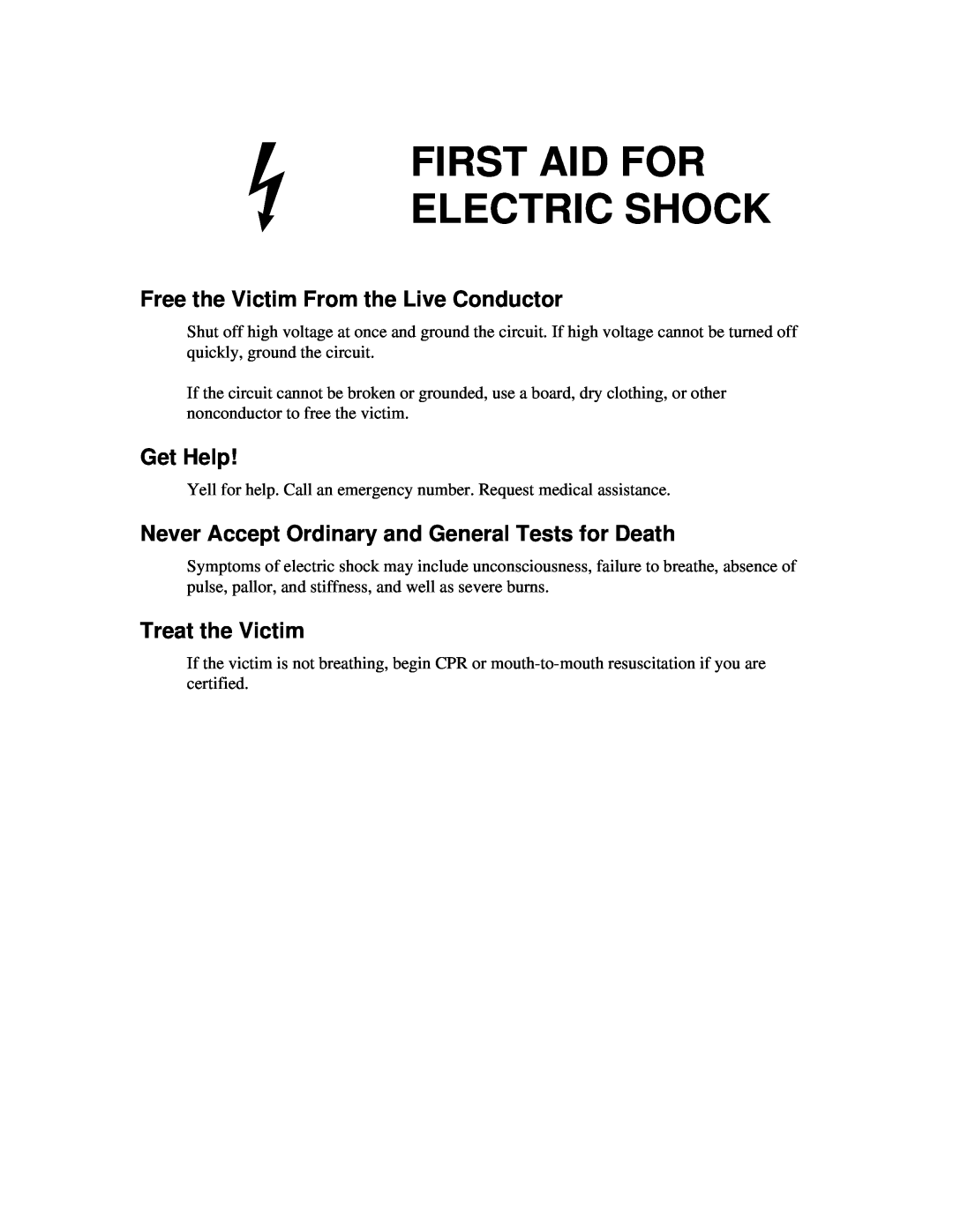 Fluke 5725A First Aid For Electric Shock, Free the Victim From the Live Conductor, Get Help, Treat the Victim 